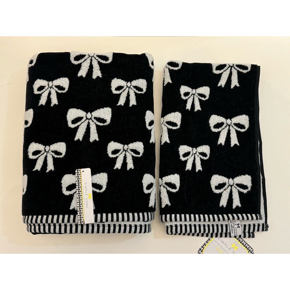 2PC Simple Home Black White Bows Bath Hand Towel Set Coquette Decor